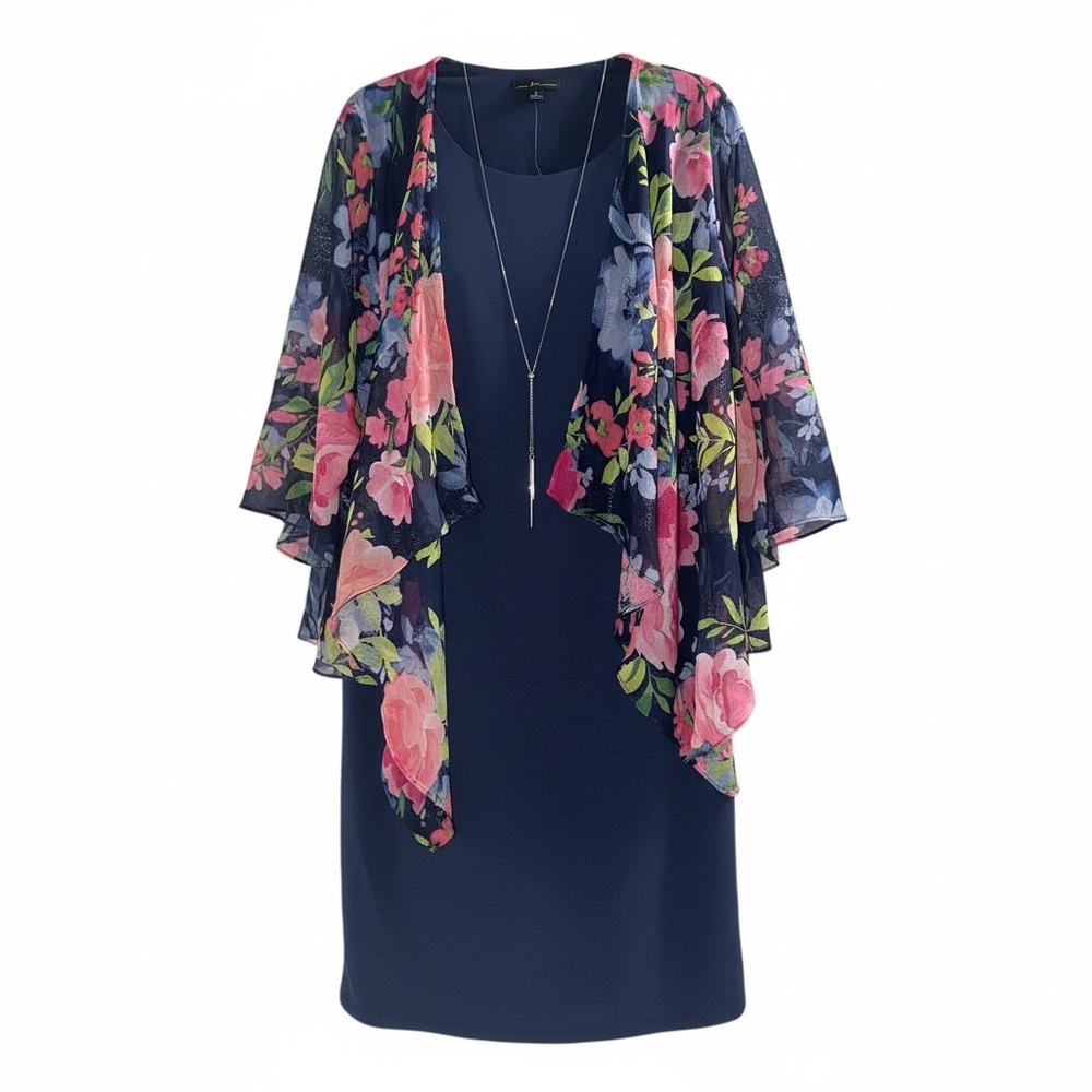 R&K Navy Dress with Floral Kimono Cover